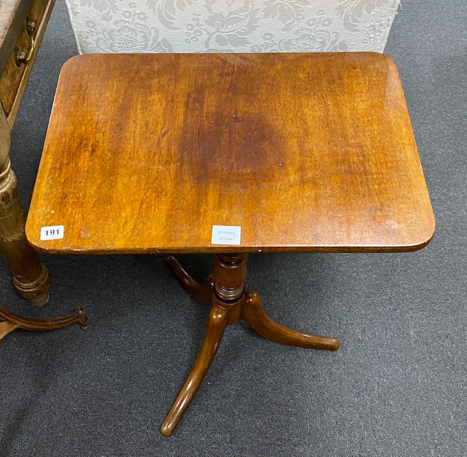 A Regency mahogany rectangular tripod tea table, width 59cm, depth 43cm, height 71cm